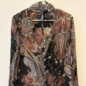 Vintage mother of pearl button down imported viscose paisley blouse size M